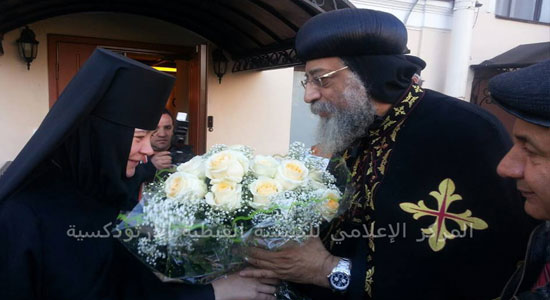 Nuns at Novterg Monastery receive Pope Tawadros with flowers, bread and salt