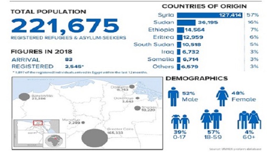 221,675 refugees registered in Egypt as of 2018, more than half are Syrian