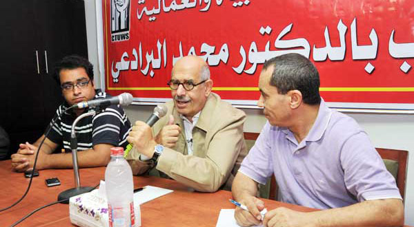 ElBaradei calls for end to military trials, emergency law in labor meeting