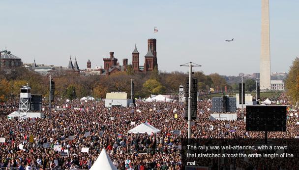 Stewart, Colbert preside over lighthearted, star-studded rally
