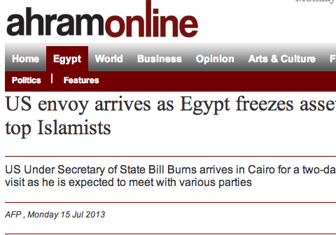 US envoy arrives as Egypt freezes assets of top Islamists